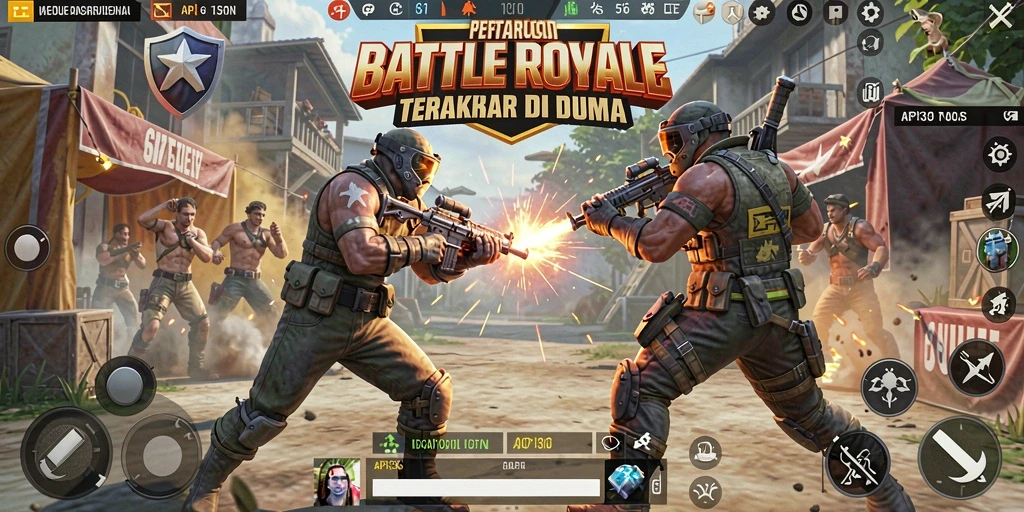 Screenshot utama API36 menampilkan aksi intens dalam pertarungan Battle Royale.