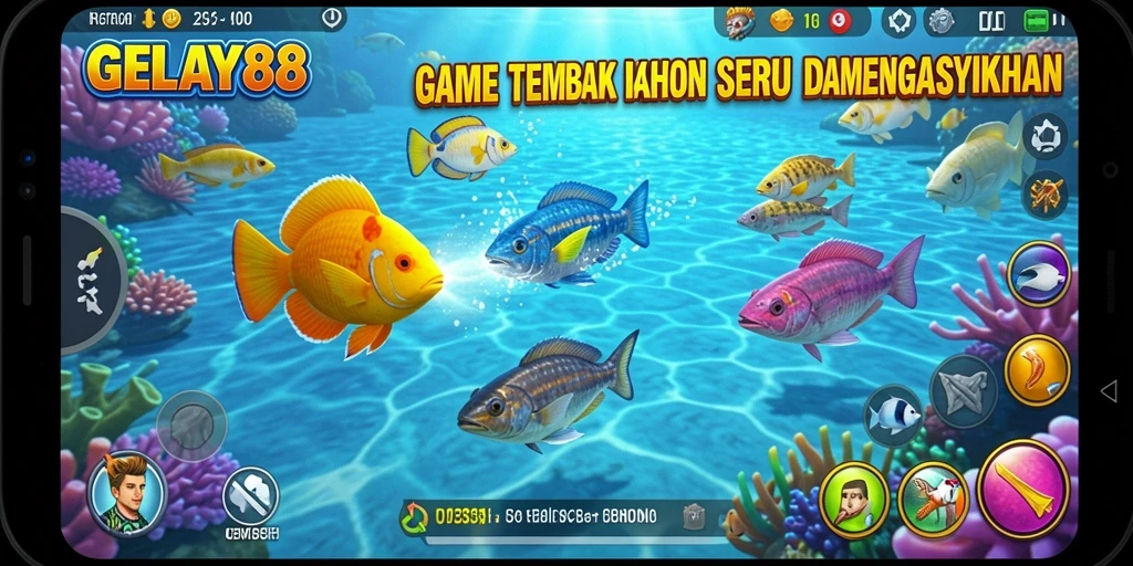 Screenshot gameplay GELAY88 yang mengasyikkan dengan berbagai ikan berwarna-warni.