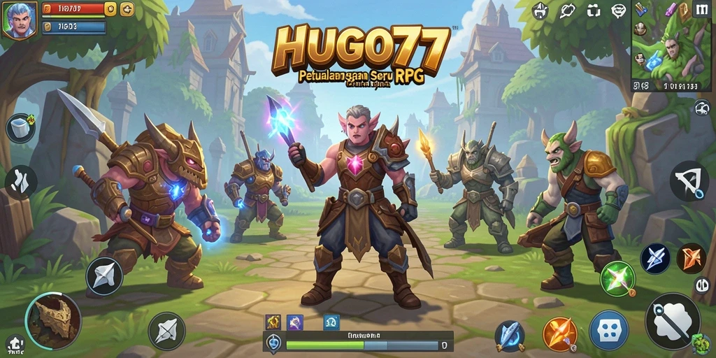 Tangkapan layar HUGO77 yang menampilkan aksi petualangan RPG yang epik.