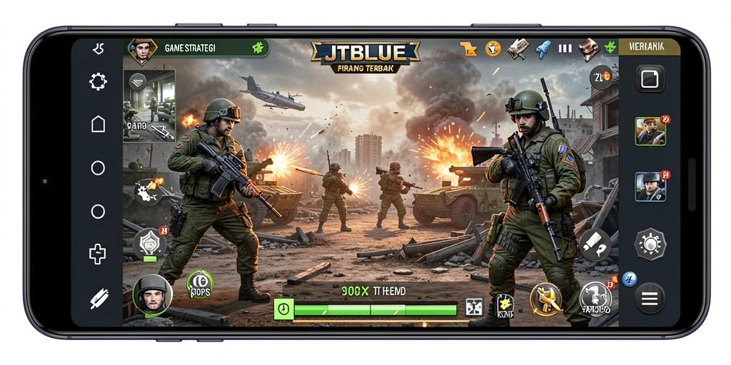 Screenshot dari gameplay JTBLUE yang menunjukkan pertempuran yang intens.
