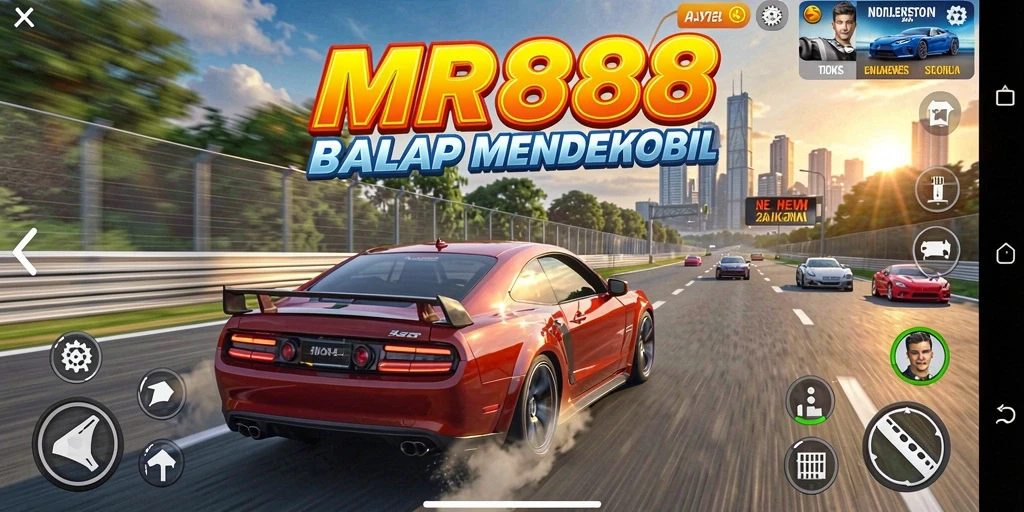Screenshot MR888 menunjukkan aksi balap mobil yang dramatis.