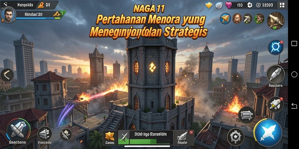 Screenshot gameplay NAGA11 menampilkan strategi menara pertahanan yang intens.