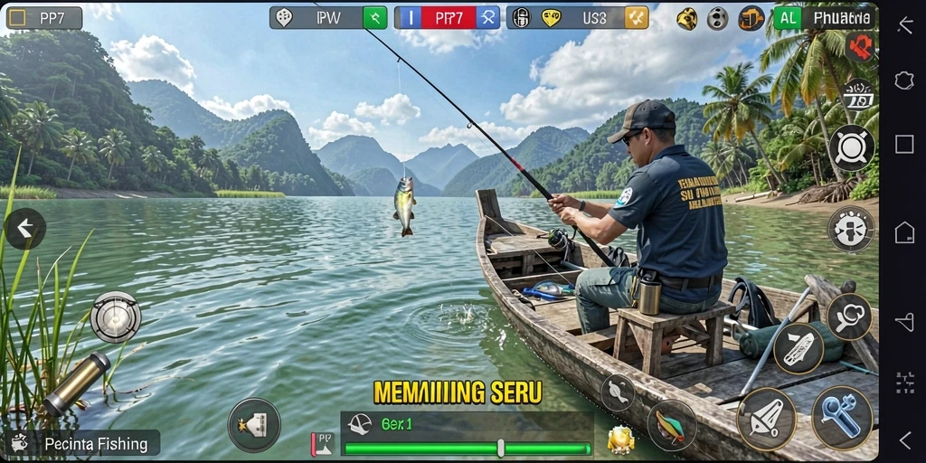 Screenshot gameplay PP7 dengan pemain menangkap ikan besar.