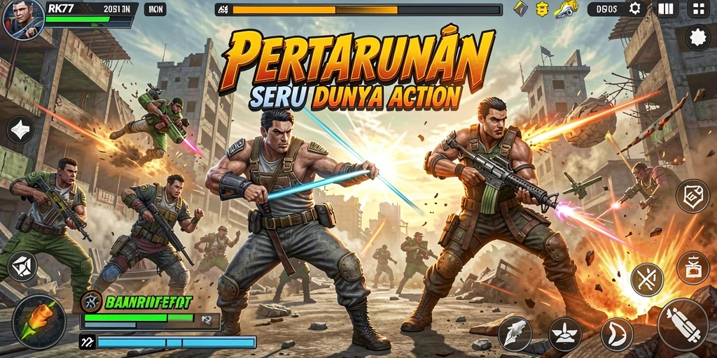 Screenshot menunjukkan pertarungan intens dalam RK77 dengan karakter yang beraksi.