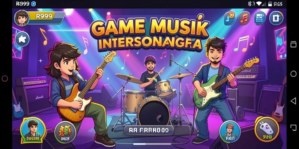 Tampilan gameplay interaktif di RR999 dengan alat musik virtual.